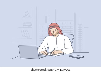 Hombre árabe trabajando en el concepto de oficina. Triste e infeliz empresario árabe musulmán empleado de la dirección de caricaturas sentado en una laptop en una oficina moderna con atuendo tradicional. fatiga por estrés mental en el trabajo