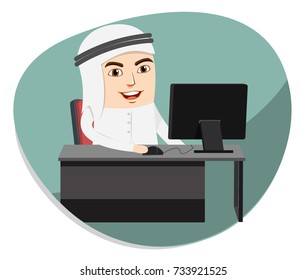 Arab Man working in Office as an Employee or Manager, in a Professional Workplace. Muslim Boy sitting on a Office Desk and Chair, working on Computer.