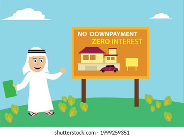 An Arab Man working as a property agent presents a house and lot or car with no downpayment or interest. Editable Clip Art.