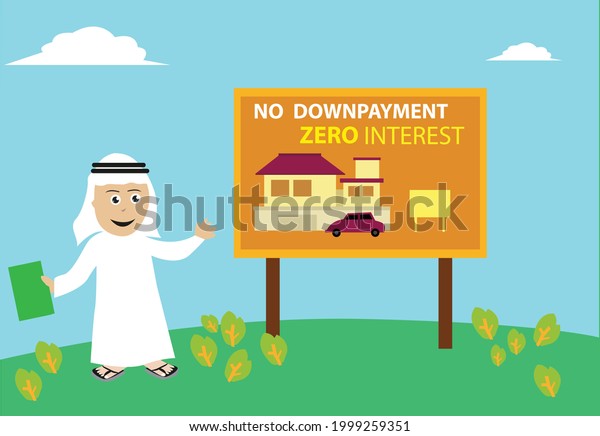 An Arab Man working as a property agent presents a\
house and lot or car with no downpayment or interest. Editable Clip\
Art.