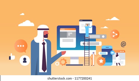 arab man working speech mobile application development concept men climbing ladder messenger interface flat horizontal vector illustration
