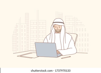 Arab man works in office concept. Smiling happy arabic businessman muslim clerk manager cartoon character sitting at laptop in a modern office wearing traditional attire. Business working process.