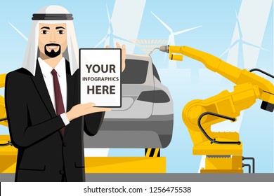 Arab manager with a digital tablet controls the welding robots on the car assembly line. White screen, you can add your infographic here.