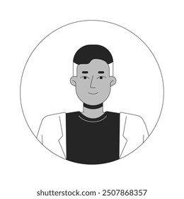 Arab mature man with grey hair at temples black and white 2D vector avatar illustration. Middle eastern adult guy outline cartoon character face isolated. Casual flat user profile image portrait