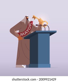 arab mayor with key giving speech from tribune public statement concept full length