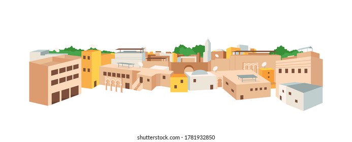 Arab medina flat color vector object. Traditional arab architecture. Medieval town in Africa. Tunisian, moroccan landscape isolated cartoon illustration for web graphic design and animation