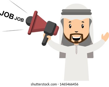 Árabe con megáfono, ilustración, vector sobre fondo blanco.