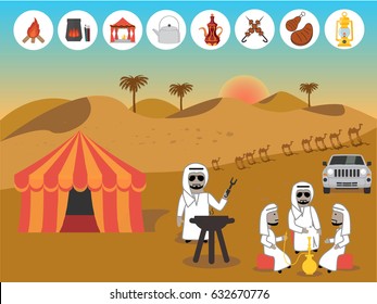 Arab men barbecue picnic in the desert