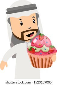 Hombres árabes con tarta, ilustración, vector sobre fondo blanco.