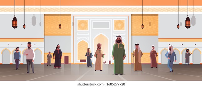 arab men coming to nabawi mosque building muslim religion concept arabic people in traditional clothes ramadan kareem holy month horizontal flat full length vector illustration