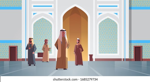 arab men coming to nabawi mosque building muslim religion concept arabic people in traditional clothes ramadan kareem holy month horizontal flat full length vector illustration