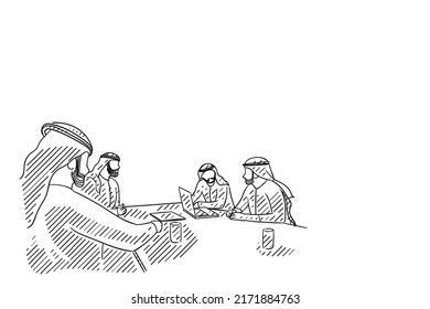 Arab men doing business meeting. Concept for team discussion. Hand drawn vector design.