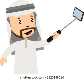 Hombres árabes haciendo selfie, ilustración, vector sobre fondo blanco.