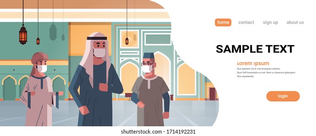 arab men in medical masks coming to nabawi mosque building quarantine covid-19 quarantine pandemic concept people praying in traditional clothes horizontal portrait copy space vector illustration