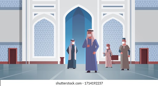 arab men in medical masks coming to nabawi mosque building quarantine covid-19 quarantine pandemic concept people praying in traditional clothes muslim religion horizontal full length vector