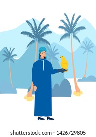 Arab men pet bird, falcon. In minimalist style Cartoon flat vector Illustration