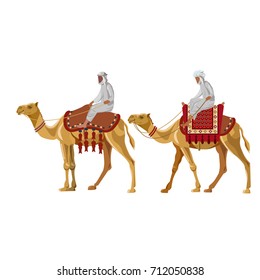 Arab men riding a camel. Vector illustration isolated on white background