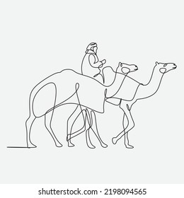 Arab men riding camels line drawing. Continuous one line art. Vector illustration