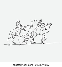 Arab men riding camels line drawing. Continuous one line art. Vector illustration