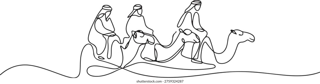 Arab men riding camels line drawing. Continuous one line art. Vector illustration. one line Icon drawing

