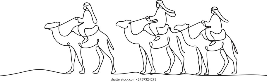 Arab men riding camels line drawing. Continuous one line art. Vector illustration. one line Icon drawing
