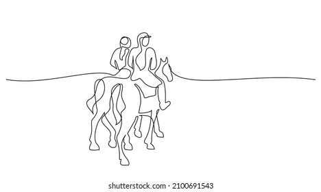 Arab men riding horses in desert. Continuous one line art. Vector illustration