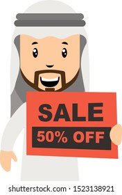 Arab men with sale sign, illustration, vector on white background.