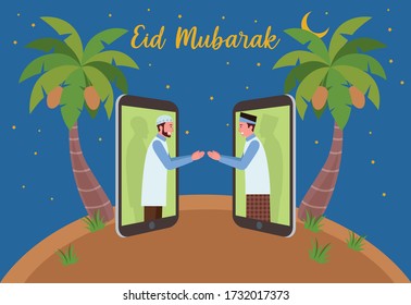 Arab men shake hands with Malay men celebrating Eid Al-Fitr through a cell phone.