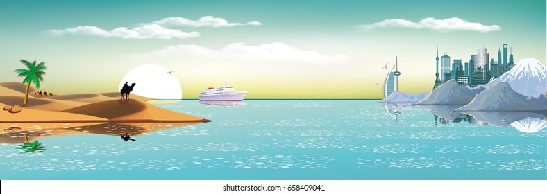 Arab metropolis on the coast. Landscape, panorama. Sand dunes, caravan of camels. A cruise liner in the Bay of Dubai. Vector illustration