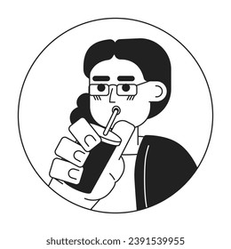 Arab middle aged adult woman sipping straw black and white 2D vector avatar illustration. Coffee enjoying middle eastern lady outline cartoon character face isolated. Drinking shake flat portrait