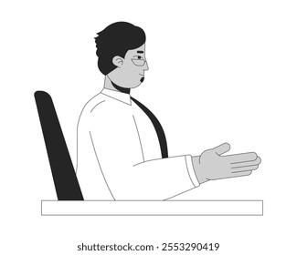 Hombre de negocios de mediana edad árabe sentado en el escritorio que hace gestos de la mano del carácter blanco y negro de la línea 2D. Hombre de negocios de Oriente Medio gerente mesa aislada Vector esbozo persona. Ilustración de punto monocromático