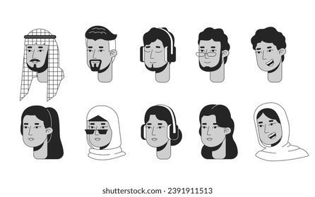 Caricatura árabe de línea 2D en blanco y negro en el medio oriente. Hombre saudita, mujeres turcas aislaron a la gente de la cabeza de un vector. Paquete de ilustración de punto plano monocromático musulmán moderno