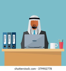 Arab, middle eastern businessman at his workplace vector illustration