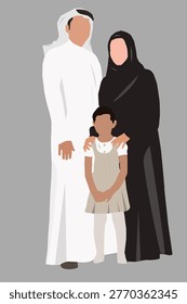 Arab Middle eastern happy emirate, Qatari, Saudi, Omani family. in traditional clothing called kandura, realistic photo, qatari, omani, saudi with grey background