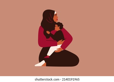 Arab mother holds her toddler son with love and care. Muslim woman in hijab sits with her child on her hands. Happy Mother's Day concept. Female Refugee or migrant vector illustration.