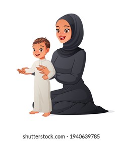 Arab mother sitting on the floor and helping her son to make first steps. Cartoon vector illustration isolated on white background.