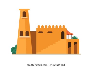 Arab mud brick house of middle East desert with plane roofed structure. Muslim architecture. Tower with windows and walls with arche doors. Islamic medieval old landscape. Vector in flat style