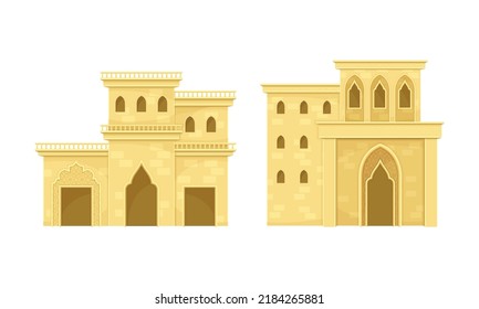 Arab mud houses. Mediterranean, Moroccan or Arabic style buildings. Traditional muslim oriental authentic architecture flat vector illustration