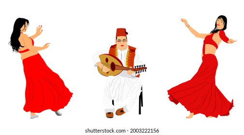 Arab musician man play oud lute mandola with sensual belly dancer woman coquette vector illustration. Traditional oriental entertainment dance erotic lady. Middle east culture sheikh harem amusement 