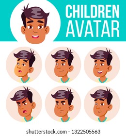 Arab, Muslim Boy Avatar Set Kid Vector. High School. Face Emotions. User, Character. Fun, Cheerful. Cartoon Head Illustration
