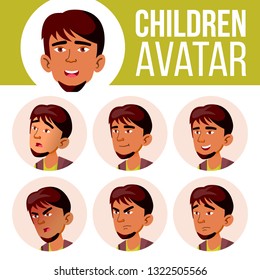 Arab, Muslim Boy Avatar Set Kid Vector. High School. Face Emotions. Flat, Portrait. Cute, Comic, Web. Cartoon Head Illustration
