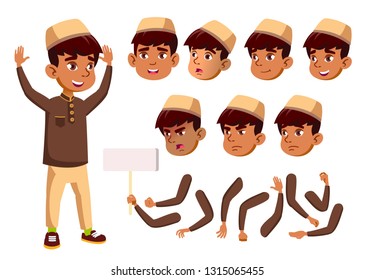 Arab, Muslim Boy, Child, Kid, Teen Vector. Teenager, Education. Face Emotions, Various Gestures. Animation Creation Set. Isolated Flat Cartoon Character Illustration
