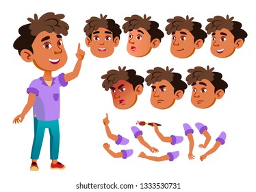 Arab, Muslim Boy, Child, Kid, Teen Vector. Little. Funny. Junior. Friendly. Face Emotions, Various Gestures. Animation Creation Set. Isolated Flat Cartoon Character Illustration