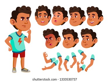 Arab, Muslim Boy, Child, Kid, Teen Vector. Active Cute. Cheer, Pretty. Face Emotions, Various Gestures. Animation Creation Set. Isolated Flat Cartoon Character Illustration