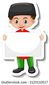 Niño árabe musulmán sostiene ilustración vacía de cartel