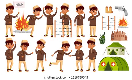 Arab, Muslim Boy Kid Poses Set Vector. Refugee, Military Conflict, War. Children.  For Advertisement, Announcement Design. Isolated Cartoon Illustration