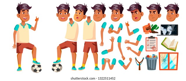 Arab, Muslim Boy Kid Vector. High School Child. Animation Creation Set. Face Emotions, Gestures. Sport Game. Soccer. Smile, Activity, Beautiful. For Web, Poster Design. Animated. Illustration