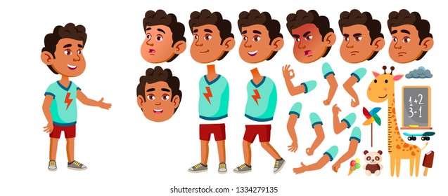 Arab, Muslim Boy Kindergarten Kid Vector. Animation Creation Set. Face Emotions, Gestures. Baby Expression. Preschooler. Life. Presentation, Print, Invitation Design. Animated. Cartoon Illustration