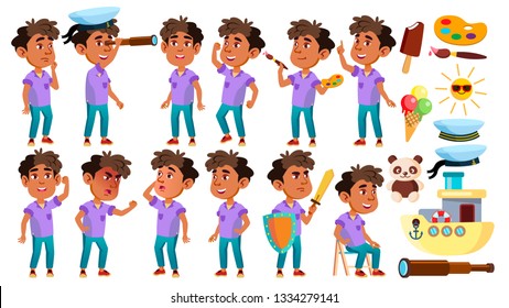Arab, Muslim Boy Kindergarten Kid Poses Set Vector. Baby Expression. Preschooler. For Card, Advertisement, Greeting Design. Isolated Cartoon Illustration
