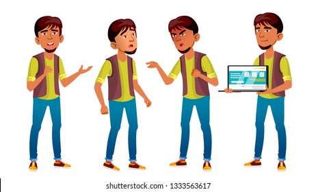 Arab, Muslim Boy Poses Set Vector. High School Child. Programmer, IT Technology. Active, Joy, Leisure. For Advertisement, Greeting, Announcement Design. Isolated Cartoon Illustration
